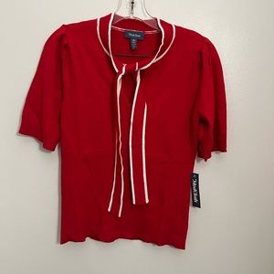 New ModCloth Bow Thyself Tie Neck Knit Top Size M Red with White Trim NEW